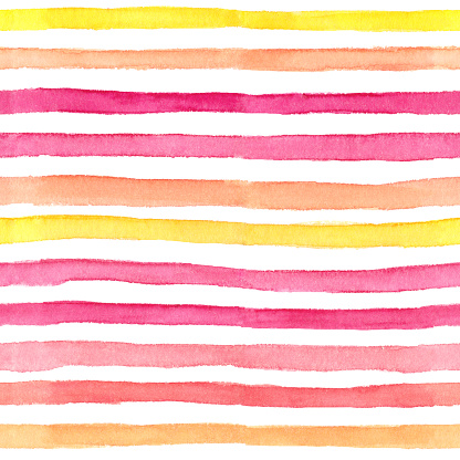 Watercolor hand drawn seamless pattern with abstract stripes in peach palette isolated on white background. Summer sunny design in pink yellow, orange colors for wallpaper, fabric, wrapping paper, background etc.