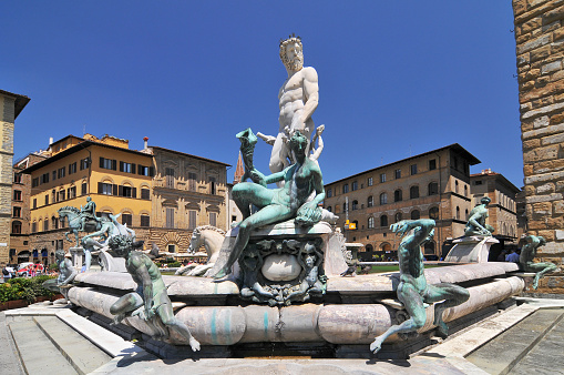 Fountain of Neptune by Bartolomeo Ammanati and Giambologna, situated on the Piazza della Signoria in front of the Palazzo Vecchio, Florence, Italy.