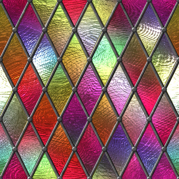 istock Stained glass seamless texture, colored glass with rhombus pattern for window, 3d illustration 1198679781