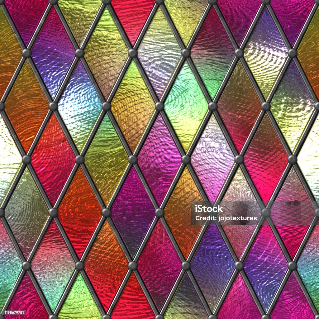 Stained glass seamless texture, colored glass with rhombus pattern for window, 3d illustration 3D render, motif pattern Stained Glass Stock Photo