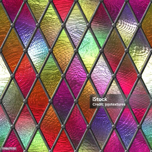 Stained Glass Seamless Texture Colored Glass With Rhombus Pattern For Window 3d Illustration Stock Photo - Download Image Now
