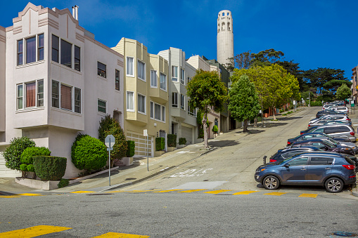 San Francisco street view with landmark at distance