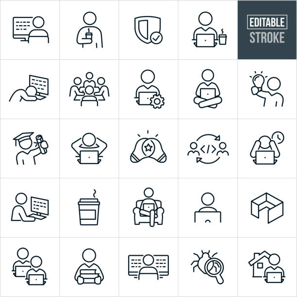 Computer Programing Thin Line Icons - Editable Stroke A set of computer programing icons that include editable strokes or outlines using the EPS vector file. The icons include computer programmers, software programers, software developers, person using coding on computer, programmer holding a cup of coffee, security shield, programmer working at laptop, worker asleep at work, boardroom meeting, programmer holding light bulb, person holding college degree, coding, programmer working overtime, programmer working from home, cubicle, computer bug and other related icons. resting stock illustrations