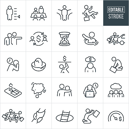 A set of business failure icons that include editable strokes or outlines using the EPS vector file. The icons include business people failing at business, a business person with their head down, business person without the proper credentials and skills, a businessman in a boardroom with head down, a business person at a crossroads, business person falling, person being fired from their job, hourglass, businessperson drowning, business person with head in hands, cracked nest egg, business person in debt, business person in despair and other related icons.