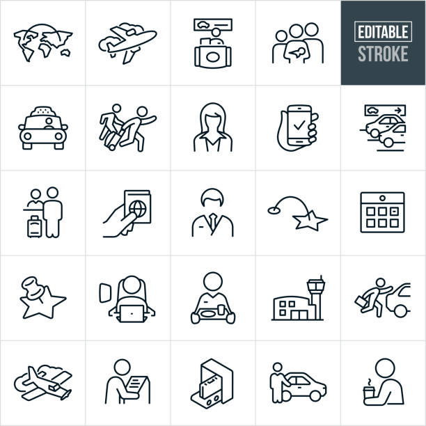 Air Travel Thin Line Icons - Editable Stroke A set of air travel icons that include editable strokes or outlines using the EPS vector file. The icons include a commercial airplane, travel between continents, rental car station, family with a child and baby, taxi cab, person running late through airport pulling luggage, a pilot, stewardess, parking garage, passport, calendar, person seated in airplane seat, stewardess carrying food, airport, single engine airplane, airport, kiosk, baggage security checkin and chauffeur to name a few. airport icons stock illustrations
