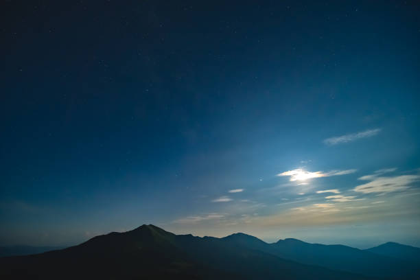 istock The bright moon in a starry sky above mountains 1198689220