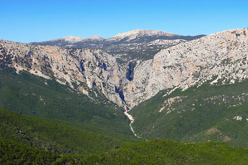 Panoramic view of the popular Gola Su Gorropu gorge, one of the deepest canyons in Europe and a landmark of Sardinia, Italy, Europe