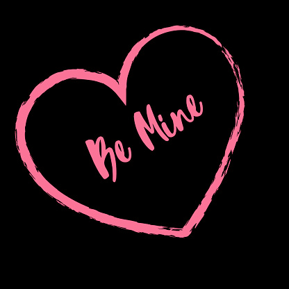 A pink heart on a black background with the words Be Mine in the center for Valentine’s Day