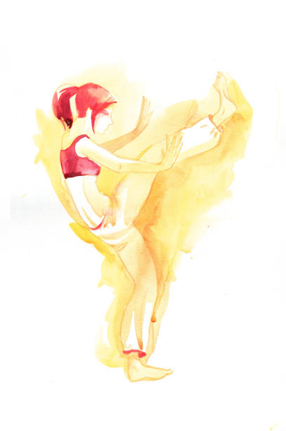 istock Barefoot girl performs a complex of capoeira movements: a panther, swing forward. Isolated on white background, watercolor paint 1198692333