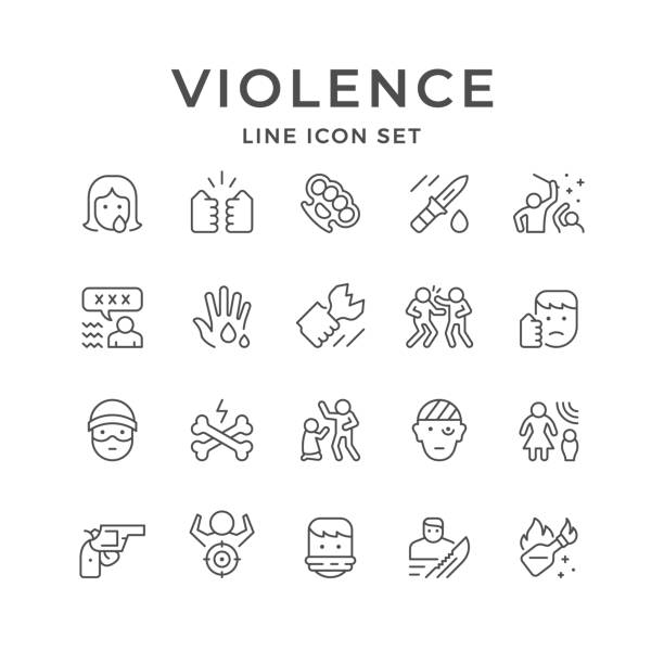 Set line icons of violence Set line icons of violence isolated on white. Woman abuse, fight, knife, brass knuckles, face punch, hostage, Molotov cocktail, domestic harassment, mass riot, injured person. Vector illustration harassment stock illustrations