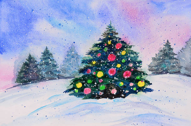 istock Watercolor hand drawn illustration of a winter landscape with an elegant Christmas tree. 1198699609