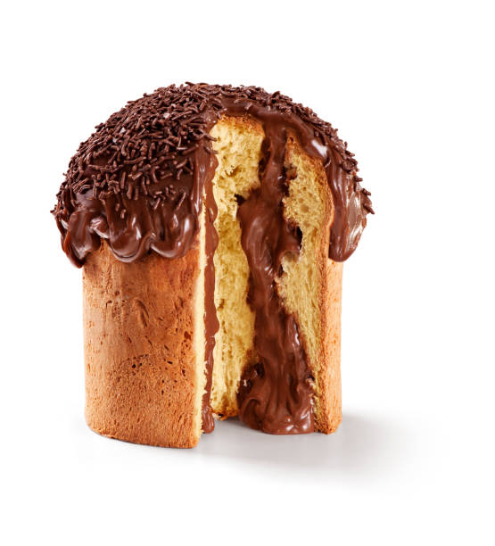 Panettone with icing, filling and chocolate sprinkles on top