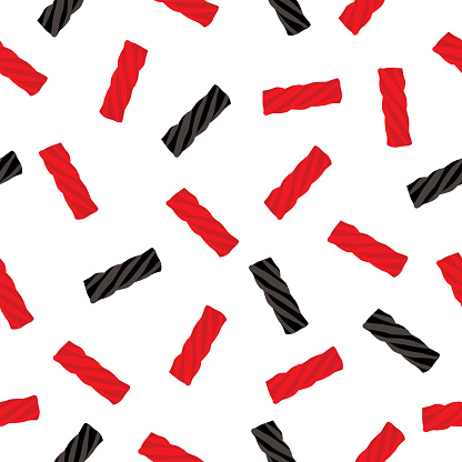 Vector seamless pattern of red and black licorice pieces on a white background.