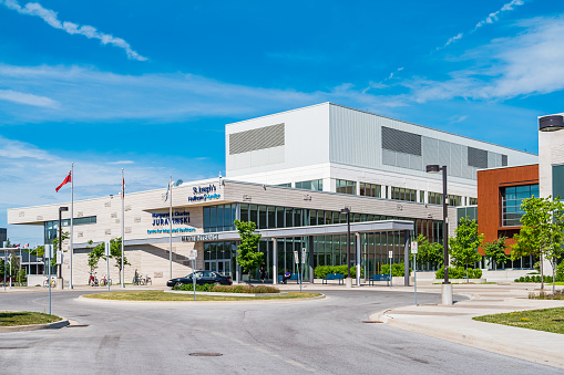 The new St Joseph Healthcare Centre and Psychiatric Hospital in Hamilton, Ontario, Canada on a sunny day.