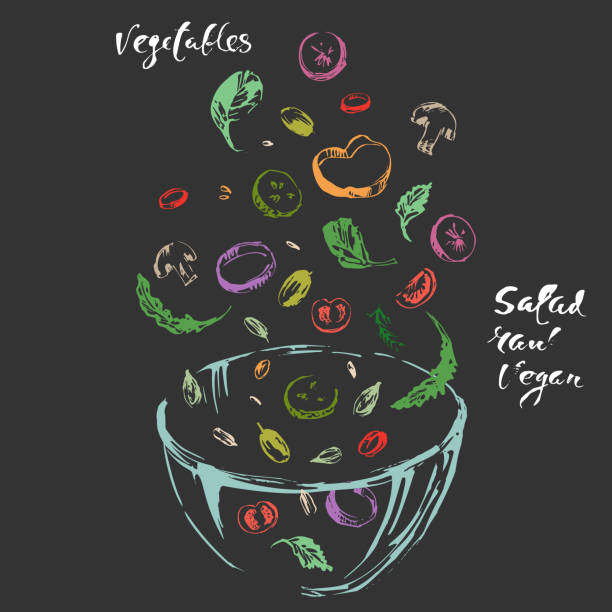 Hand drawn sketch of salad ingredients falling into a glass bowl. Hand drawn sketch of salad ingredients falling into a glass bowl. Arugula, spinach, mushrooms, onion rings, chili, herbs, cucumber, olive, radish, tomato. arugula falling stock illustrations