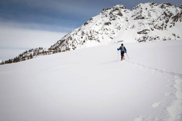 trekking invernale in una bellissima giornata di sole. alpi italiane - winter snowshoeing running snowshoe foto e immagini stock