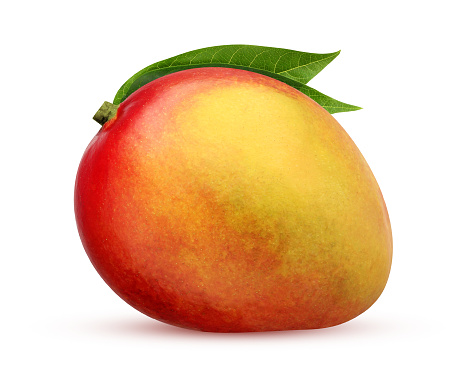 isolated mango. whole fruit isolated on a white background with a clipping path. one red-yellow mango with leaves.