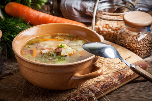 istock Pea soup with vegetables and bacon. 1198707960