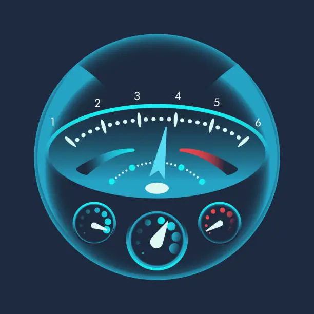 Vector illustration of Isolated speedometers for dashboard. Device for measuring speed and futuristic speedometer, technology gauge with arrow or pointer for vehicle panel, web download speed sign