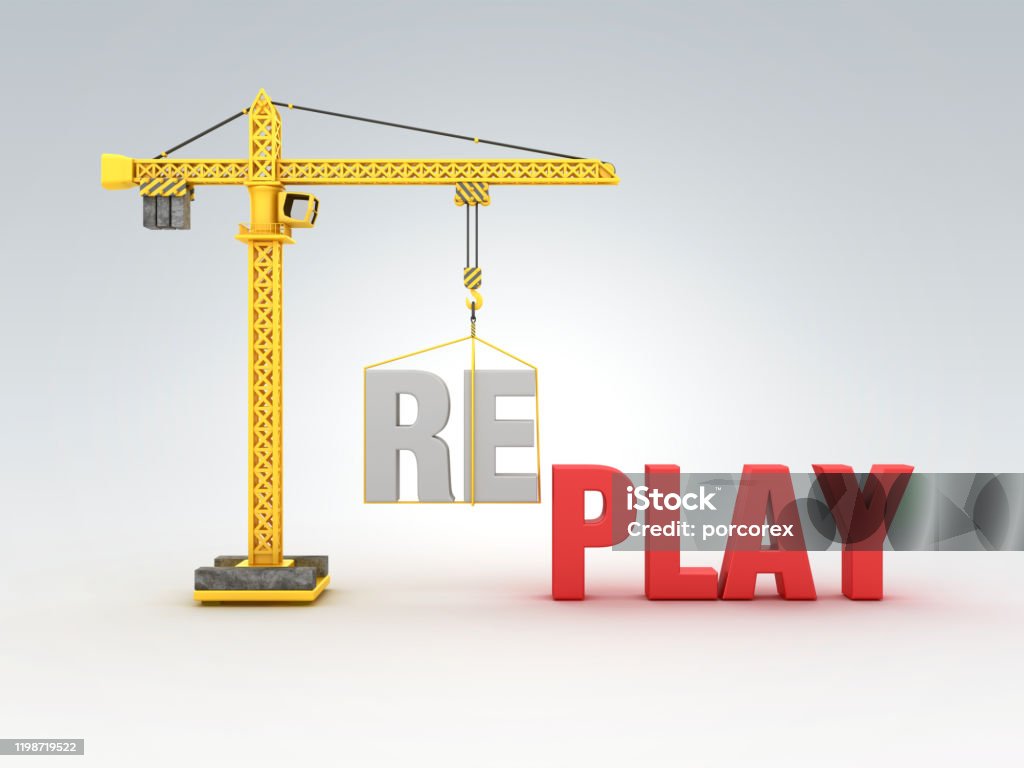 Tower Crane with REPLAY/PLAY Words - 3D Rendering Advice Stock Photo