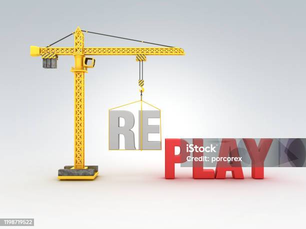 Tower Crane With Replayplay Words 3d Rendering Stock Photo - Download Image Now - Advice, Building - Activity, Built Structure