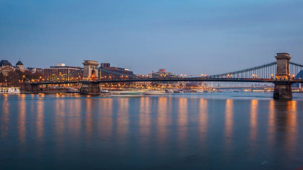 istock Szechenyi Chain Bridge on the Danube river in the evening. Budapest, Hungary. 1198720744