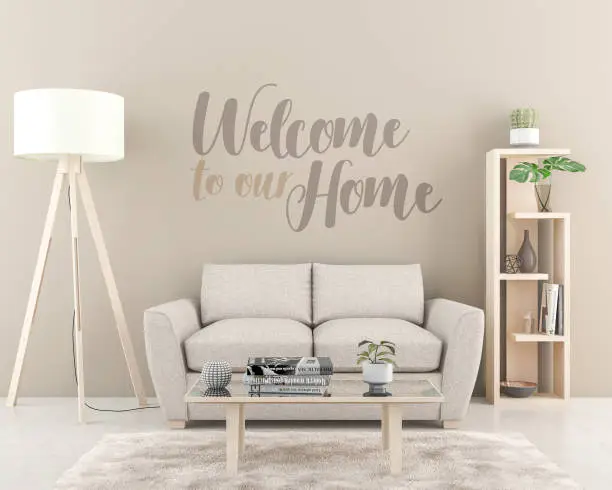 Welcome to our home, sticker on the wall. Interior with sofa, lamp, table and carpet on the floor. 3D illustration