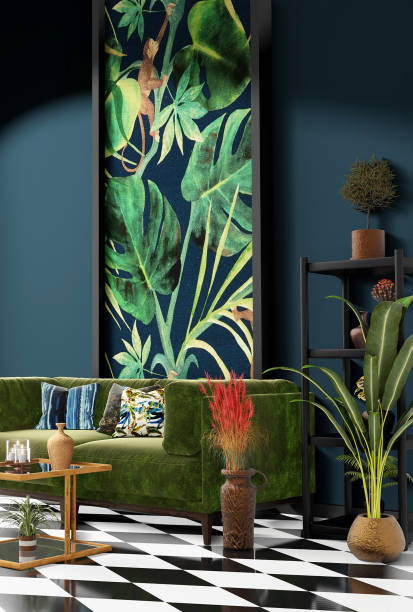 istock Beautiful Interior design with a jungle printed feature wall 1198724859