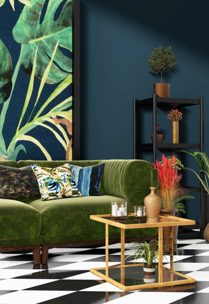 istock Beautiful Interior design with a jungle printed feature wall 1198724860