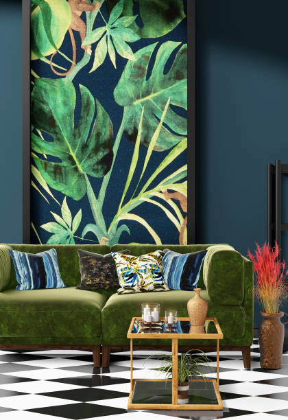 istock Beautiful Interior design with a jungle printed feature wall 1198724861
