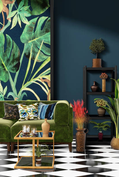 istock Beautiful Interior design with a jungle printed feature wall 1198724865