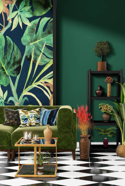 istock Beautiful Interior design with a jungle printed feature wall 1198724866