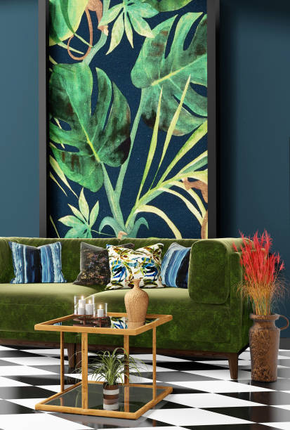 istock Beautiful Interior design with a jungle printed feature wall 1198724867