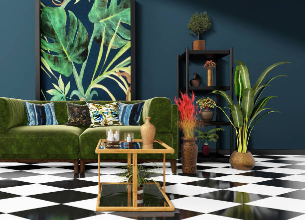 istock Beautiful Interior design with a jungle printed feature wall 1198724894