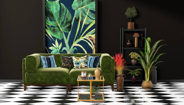 istock Beautiful Interior design with a jungle printed feature wall 1198724919