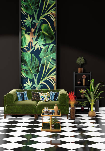 istock Beautiful Interior design with a jungle printed feature wall 1198724922