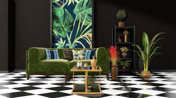 Beautiful Interior design with a jungle printed feature wall Beautiful Interior design with a jungle printed feature wall, black and white checker tiles and decorative tropical plants art deco vase stock pictures, royalty-free photos & images