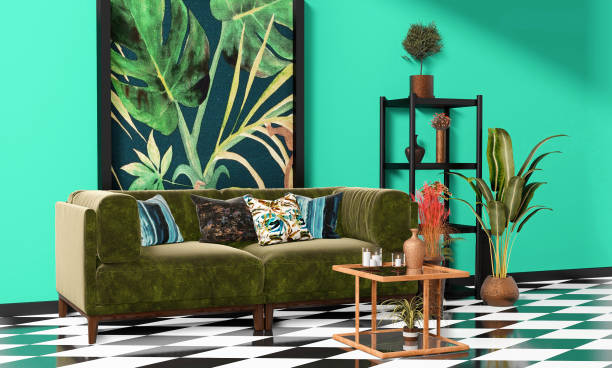 istock Beautiful Interior design with a jungle printed feature wall, 1198725004