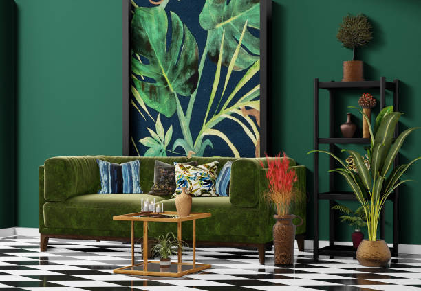 istock Beautiful Interior design with a jungle printed feature wall 1198725044