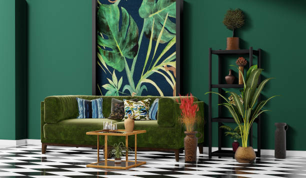 istock Beautiful Interior design with a jungle printed feature wall 1198725045