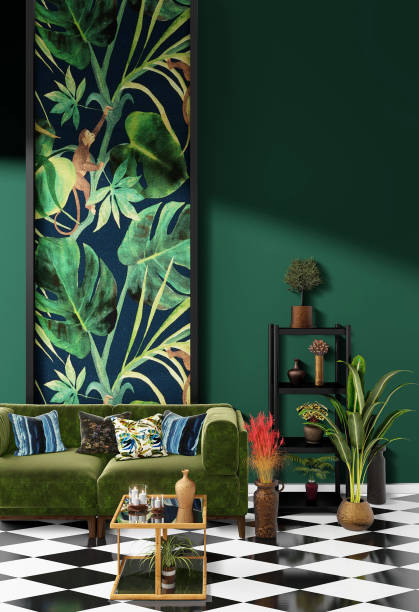 istock Beautiful Interior design with a jungle printed feature wall 1198725049