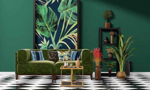 istock Beautiful Interior design with a jungle printed feature wall 1198725050