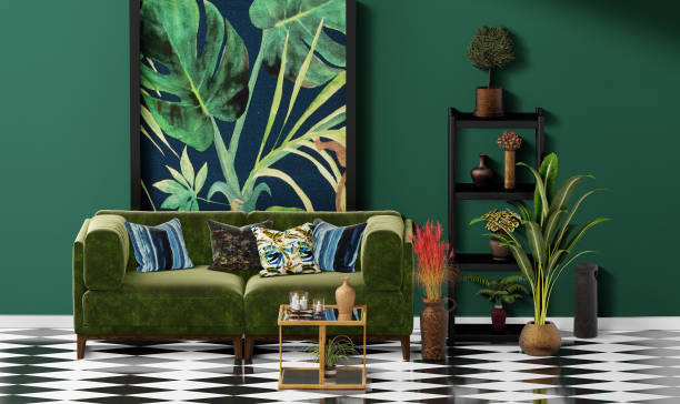 istock Beautiful Interior design with a jungle printed feature wall 1198725061