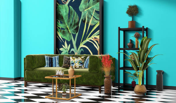 istock Beautiful Interior design with a jungle printed feature wall 1198725104