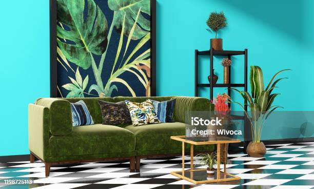 Beautiful Interior Design With A Jungle Printed Feature Wall Stock Photo - Download Image Now