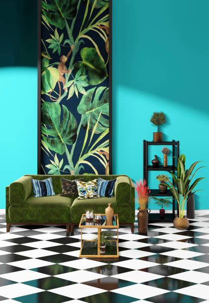 istock Beautiful Interior design with a jungle printed feature wall 1198725116