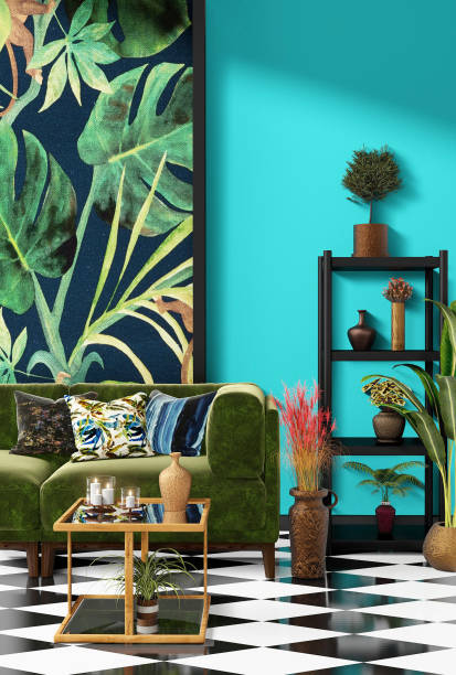 istock Beautiful Interior design with a jungle printed feature wall 1198725121