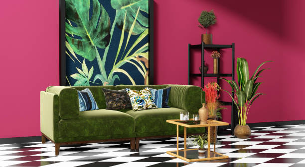 istock Beautiful Interior design with a jungle printed feature wall 1198725170