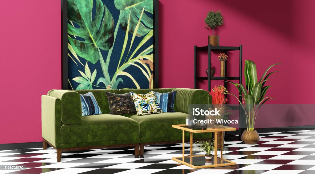 Beautiful Interior design with a jungle printed feature wall Beautiful Interior design with a jungle printed feature wall, black and white checker tiles and decorative tropical plants Abstract Stock Photo