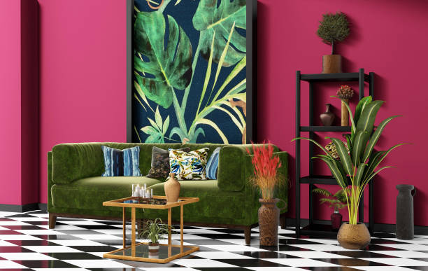 Beautiful Interior design with a jungle printed feature wall Beautiful Interior design with a jungle printed feature wall, black and white checker tiles and decorative tropical plants art deco vase stock pictures, royalty-free photos & images